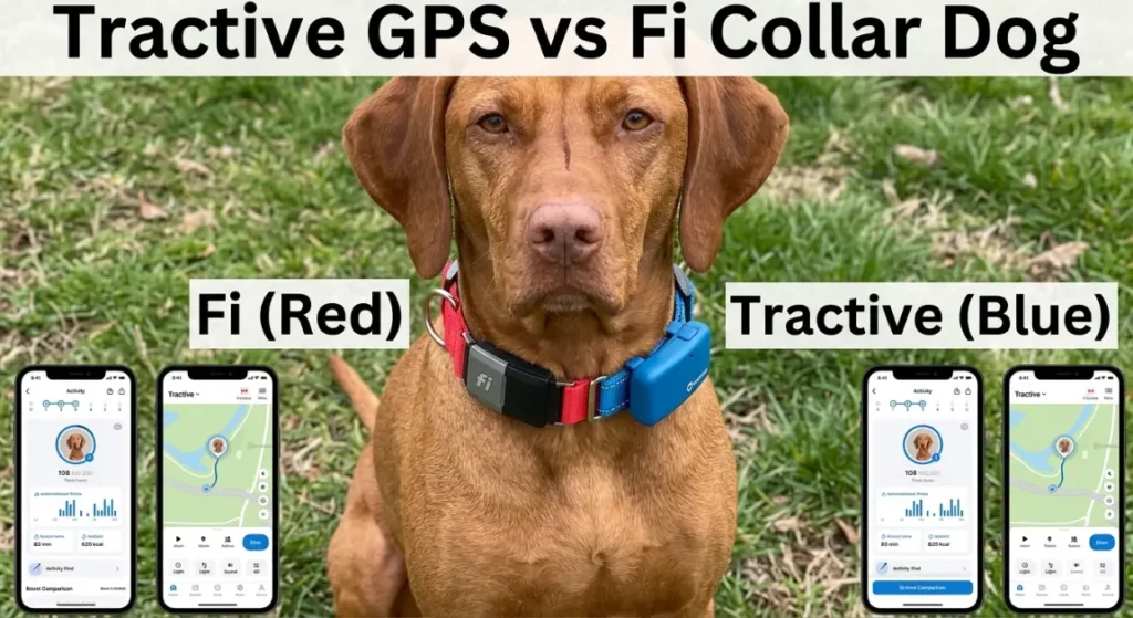 Both collars on Bella (red Fi vs blue Tractive) side-by-side comparison