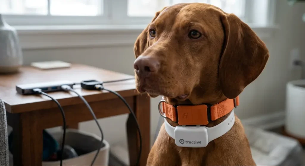 Both collars on Bella's neck orange Fi Series 3 vs white Tractive, charging cables in background showing different connectors