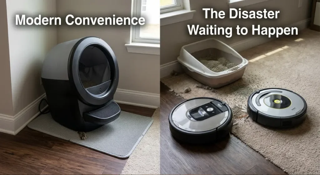 Litter-Robot 4 in corner vs Roomba approaching traditional litter box disaster waiting to happen