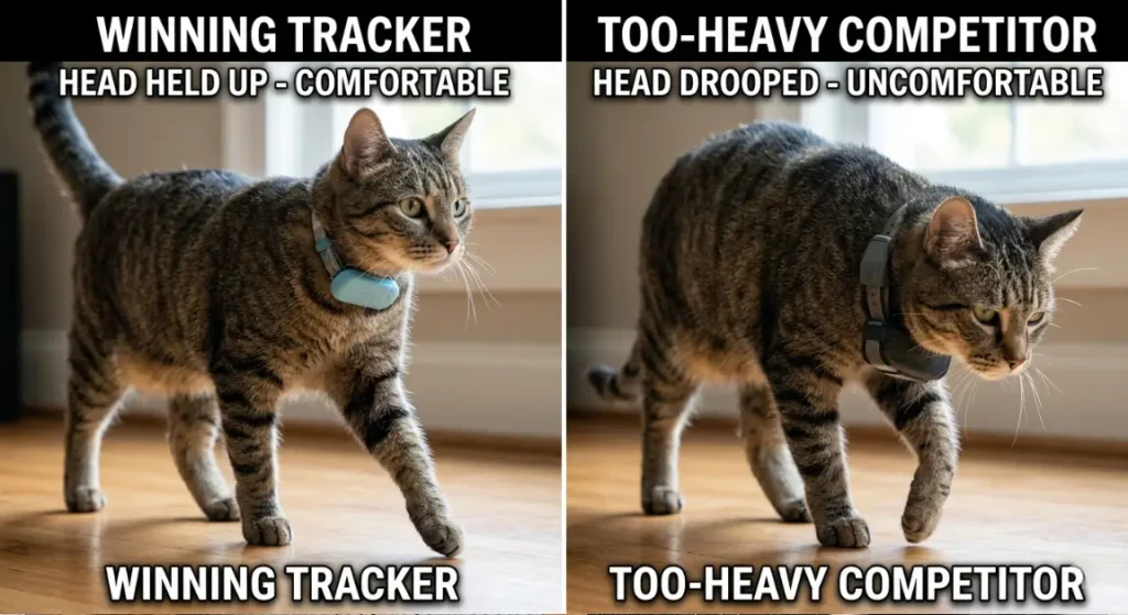 8lb Bella wearing the winning tracker vs a too-heavy competitor head position comparison