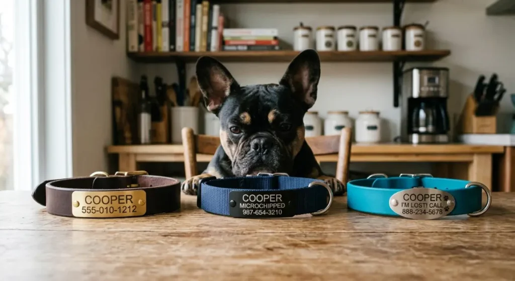 best french bulldog collar engraved options lined up for Cooper testing