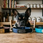best french bulldog collar engraved options lined up for Cooper testing