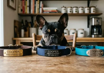 best french bulldog collar engraved options lined up for Cooper testing