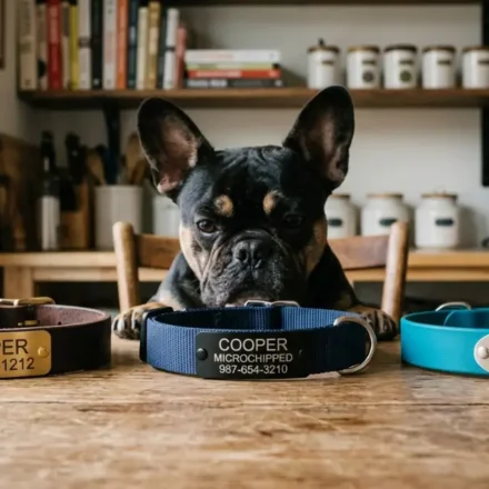 best french bulldog collar engraved options lined up for Cooper testing