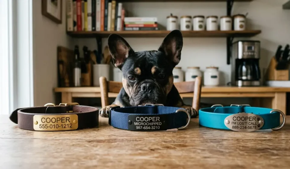 best french bulldog collar engraved options lined up for Cooper testing