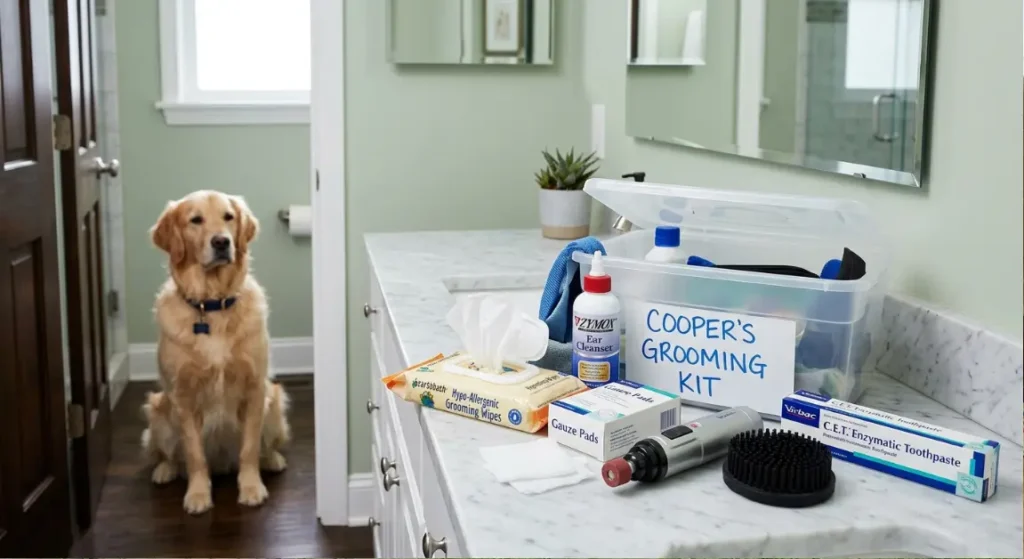 french bulldog grooming kit essentials laid out for weekly routine