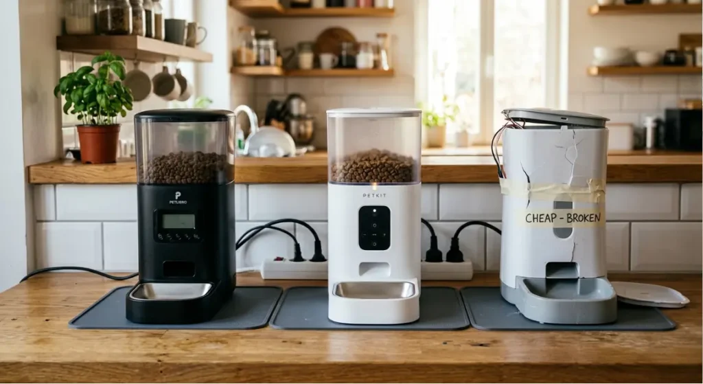 Petlibro Granary, Petkit Fresh Element Solo, and a cheap broken feeder