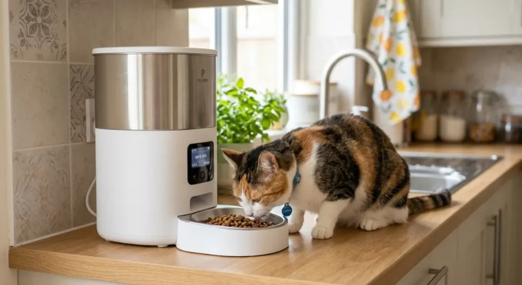 Luna the cat eating from Petlibro automatic feeder 2026 in the kitchen