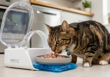 Luna eating fresh wet food from the SureFeed, looking healthy and happy, ice pack visible underneath
