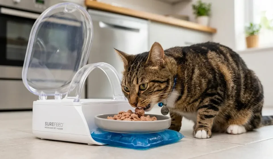 Luna eating fresh wet food from the SureFeed, looking healthy and happy, ice pack visible underneath