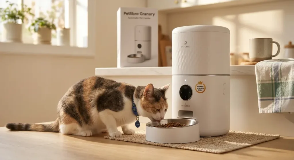 Luna happily eating from the winning Petlibro Granary product in the morning light