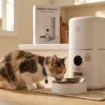 Luna happily eating from the winning Petlibro Granary product in the morning light