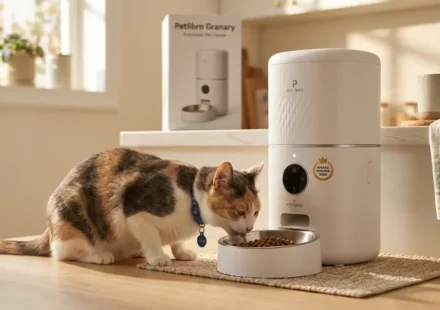 Luna happily eating from the winning Petlibro Granary product in the morning light