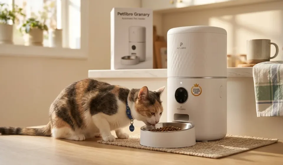 Luna happily eating from the winning Petlibro Granary product in the morning light