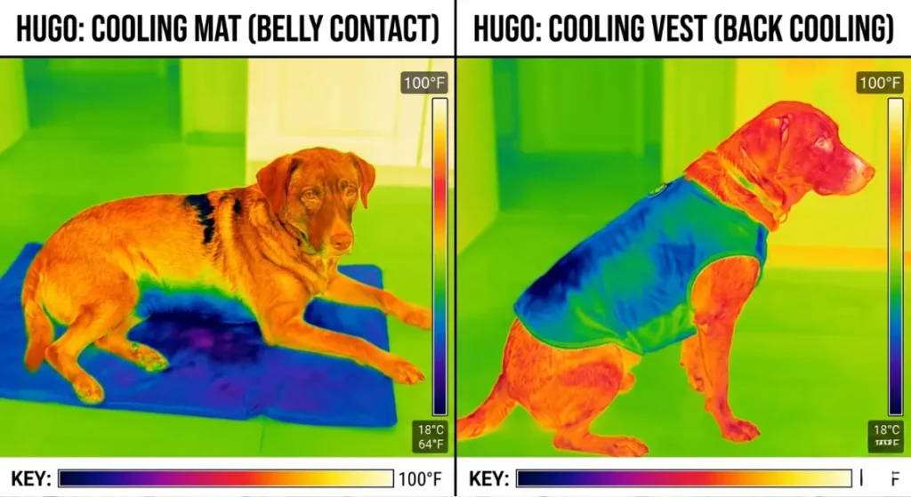 Hugo lying on cooling mat (belly contact) vs wearing vest (back cooling); thermal camera comparison showing surface temp difference