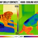 Hugo lying on cooling mat (belly contact) vs wearing vest (back cooling); thermal camera comparison showing surface temp difference