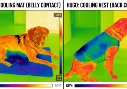Hugo lying on cooling mat (belly contact) vs wearing vest (back cooling); thermal camera comparison showing surface temp difference