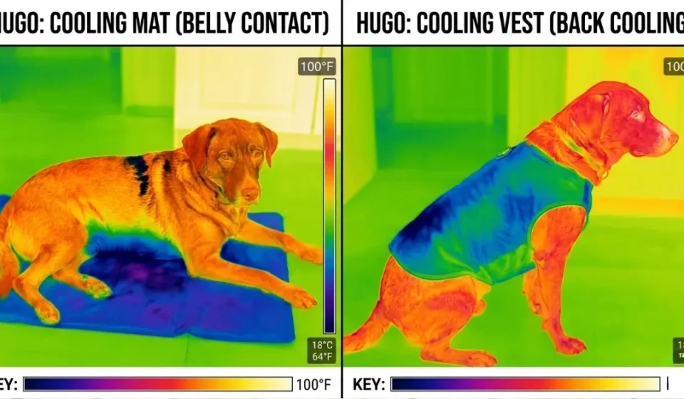 Hugo lying on cooling mat (belly contact) vs wearing vest (back cooling); thermal camera comparison showing surface temp difference
