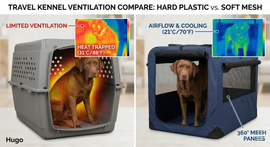 Hugo in hard crate showing limited ventilation vs soft kennel with 360 mesh; thermal camera showing heat buildup in plastic vs airflow in fabric