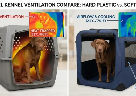 Hugo in hard crate showing limited ventilation vs soft kennel with 360 mesh; thermal camera showing heat buildup in plastic vs airflow in fabric