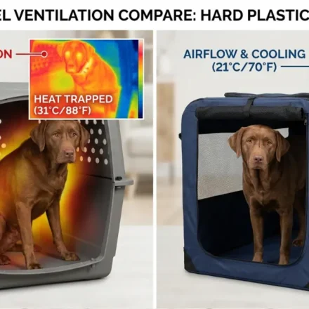 Hugo in hard crate showing limited ventilation vs soft kennel with 360 mesh; thermal camera showing heat buildup in plastic vs airflow in fabric
