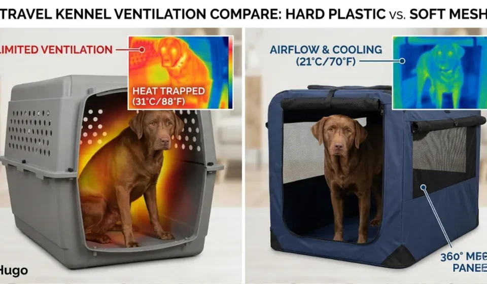 Hugo in hard crate showing limited ventilation vs soft kennel with 360 mesh; thermal camera showing heat buildup in plastic vs airflow in fabric