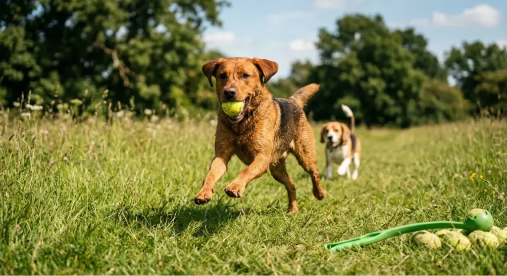 Hugo mid-sprint with ball in mouth vs. previous photo of him collapsed panting; launcher side-by-side with tennis ball showing size