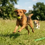 Hugo mid-sprint with ball in mouth vs. previous photo of him collapsed panting; launcher side-by-side with tennis ball showing size