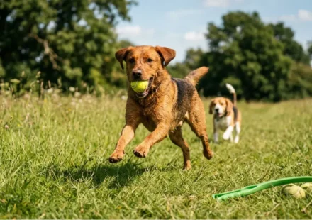 Hugo mid-sprint with ball in mouth vs. previous photo of him collapsed panting; launcher side-by-side with tennis ball showing size