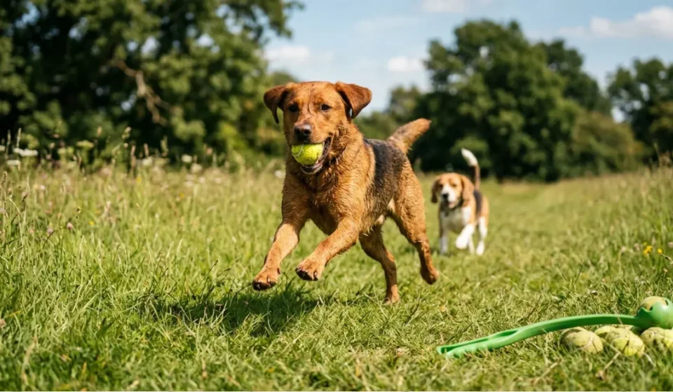 Hugo mid-sprint with ball in mouth vs. previous photo of him collapsed panting; launcher side-by-side with tennis ball showing size