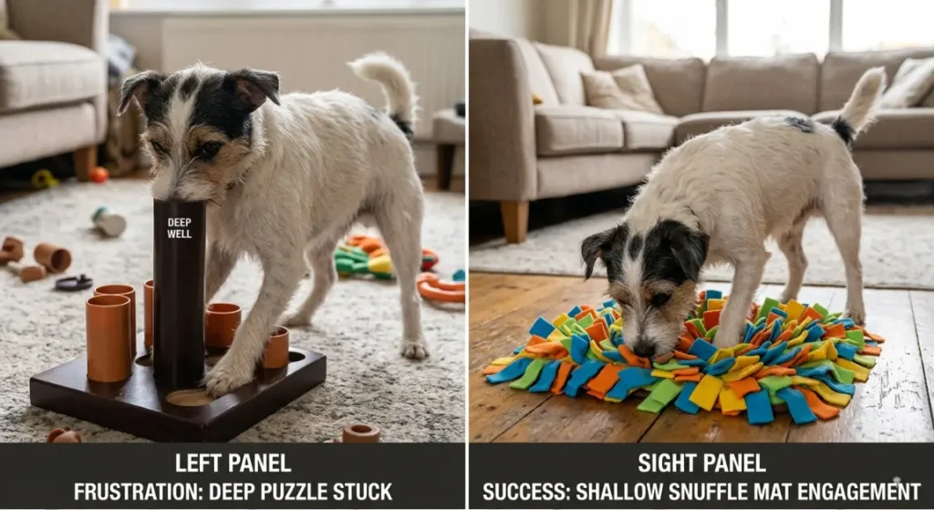 Hugo attempting deep puzzle (snout stuck) vs shallow snuffle mat success; frustration vs engagement comparison
