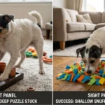 Hugo attempting deep puzzle (snout stuck) vs shallow snuffle mat success; frustration vs engagement comparison