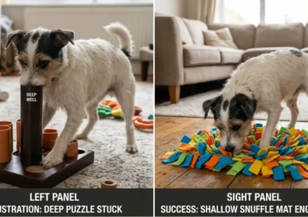 Hugo attempting deep puzzle (snout stuck) vs shallow snuffle mat success; frustration vs engagement comparison