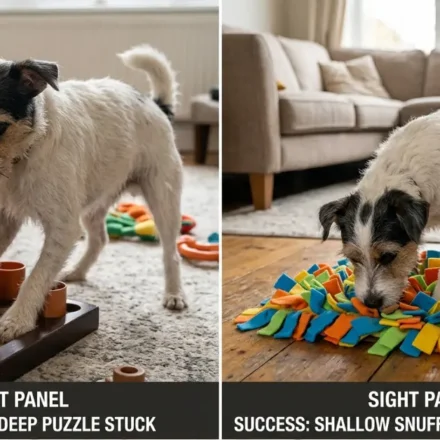 Hugo attempting deep puzzle (snout stuck) vs shallow snuffle mat success; frustration vs engagement comparison
