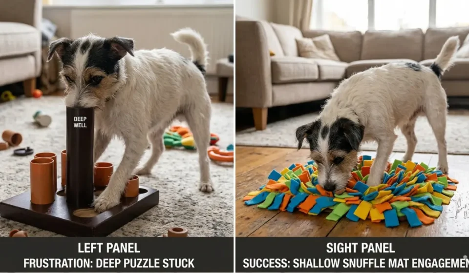 Hugo attempting deep puzzle (snout stuck) vs shallow snuffle mat success; frustration vs engagement comparison