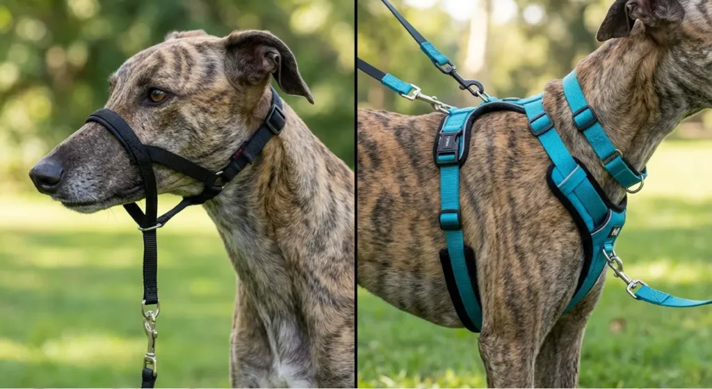 Hugo wearing Halti (note strap position under chin) vs Freedom (dual clip showing velvet strap); side view showing barrel chest clearance