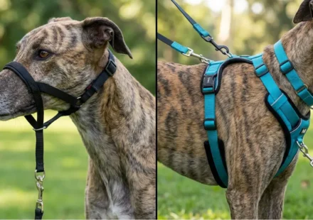 Hugo wearing Halti (note strap position under chin) vs Freedom (dual clip showing velvet strap); side view showing barrel chest clearance