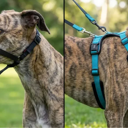 Hugo wearing Halti (note strap position under chin) vs Freedom (dual clip showing velvet strap); side view showing barrel chest clearance