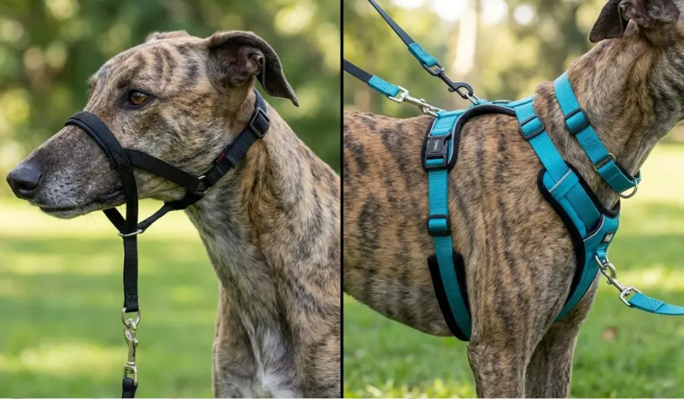 Hugo wearing Halti (note strap position under chin) vs Freedom (dual clip showing velvet strap); side view showing barrel chest clearance