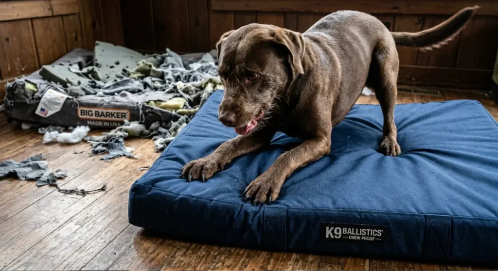 Hugo aggressively nesting on K9 Ballistics bed claws fully extended, bed intact vs. shredded remnants of previous cheap Big Barker bed in background